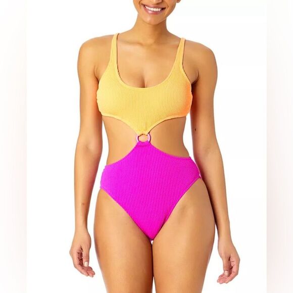 Salt + Cove Juniors' Colorblocked One-Piece Monokini, Peach Fuchsia - Picture 1 of 7